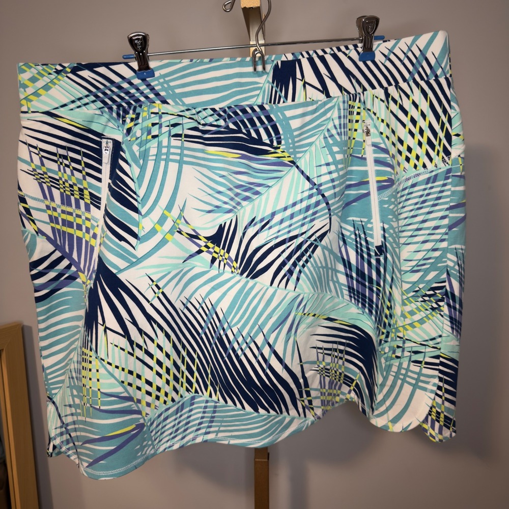 T by Talbots Womens 2X Tropical Palm Skort Blue Teal Active Skirt Zip Pocket